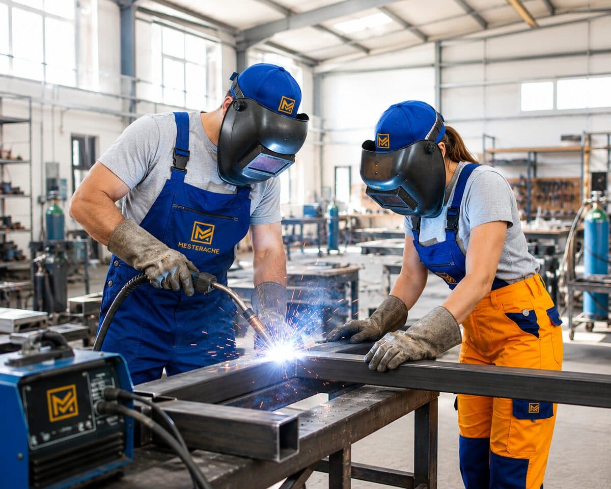 Meșteri sudând o structură metalică